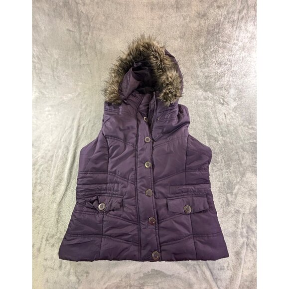 New York & Company Vest Women's Medium Purple Hooded Puffer Vest w/ Faux Fur Tri - Picture 5 of 9